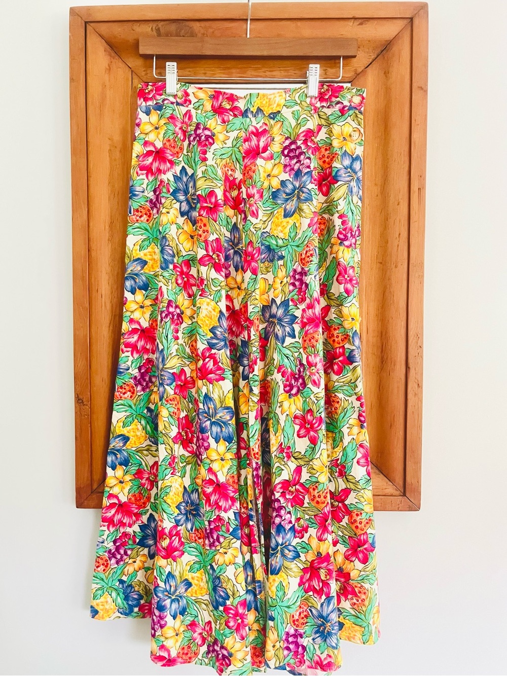 1990s Vintage Yellow Multi Fruit & Floral Split Circle Skirt Button Down Sides